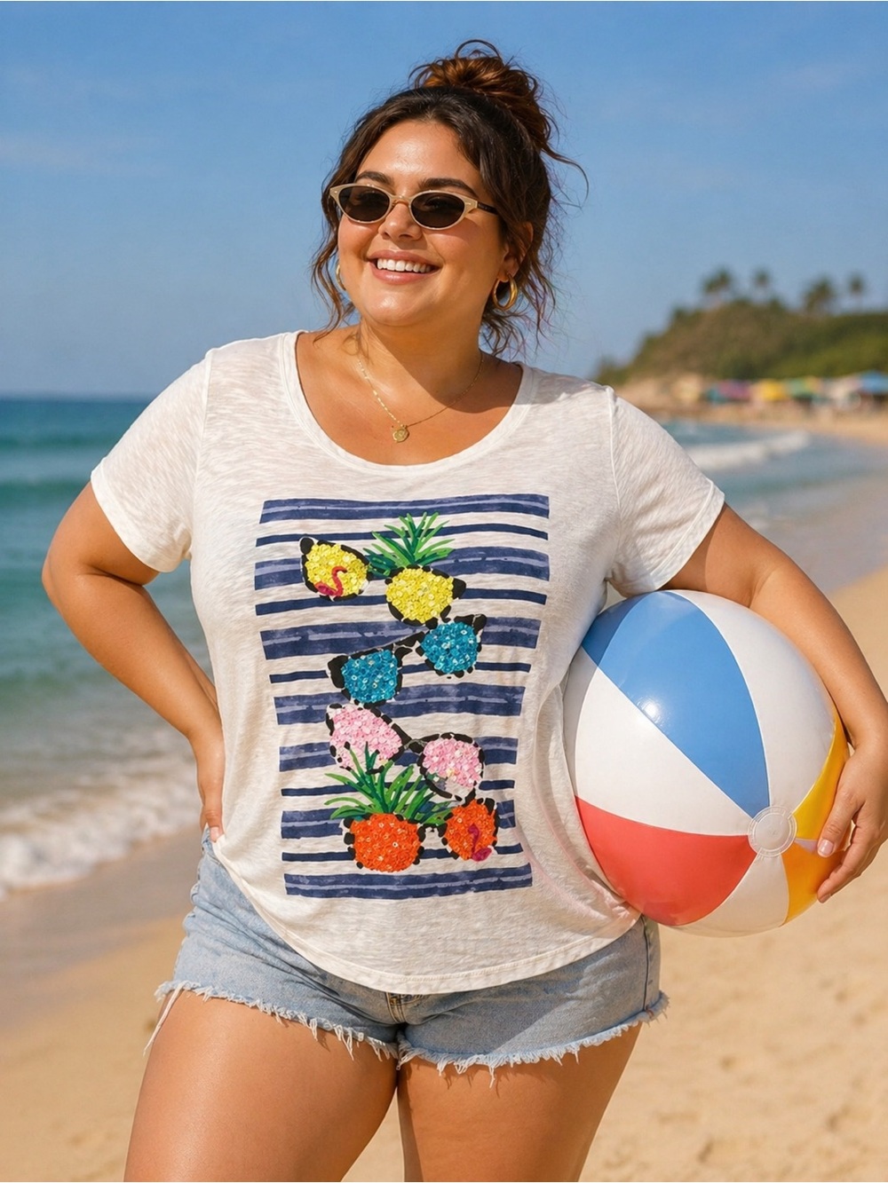 Talbots 2XP Sequined Pineapple Striped Background Cotton Top Beach Vacation